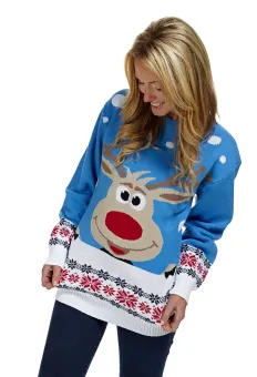 Pull de Noël Femme Renne Bleu