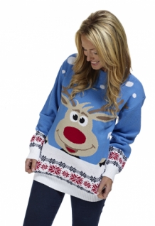 Pull de Noël Femme Renne Bleu