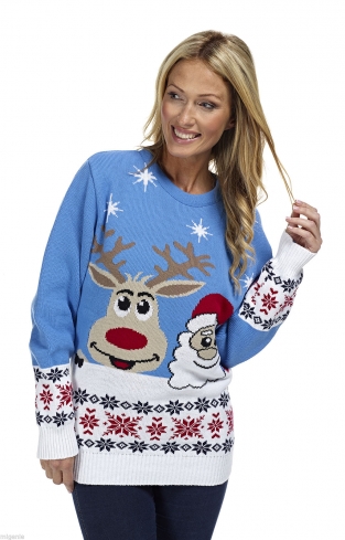 Pull de Noël - Rudolph et Père Noël bleu