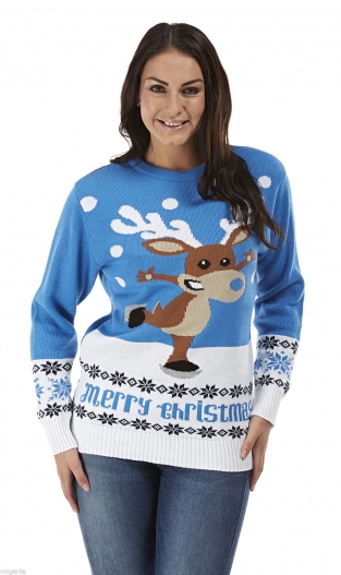 Pull de Noël - Rudolph patinage bleu