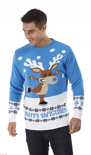Pull de Noël - Rudolph patinage bleu